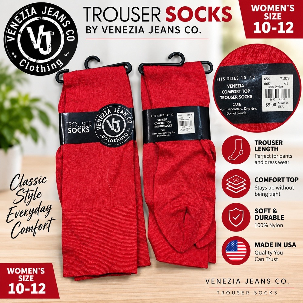 Venezia Jeans Co Womens Red Trouser Socks Comfort Top 100% Nylon Size 10-12 USA